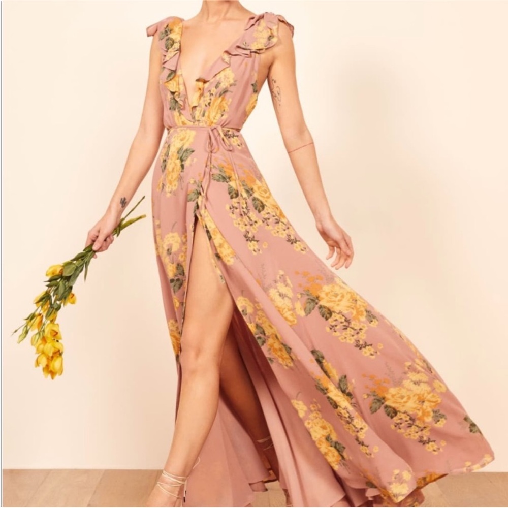 Reformation Peppermint Ruffle Maxi Dress in Blush/Gwenyth